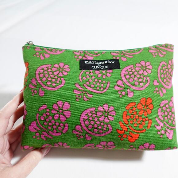 Marimekko x Clinique Set Cosmetic Bags Floral‎ Zip Top Pouches Green Pink Orange - Picture 2 of 11